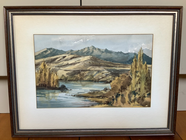 New Zealand watercolour painting of the Clutha River by A.A. Prout dated 1978